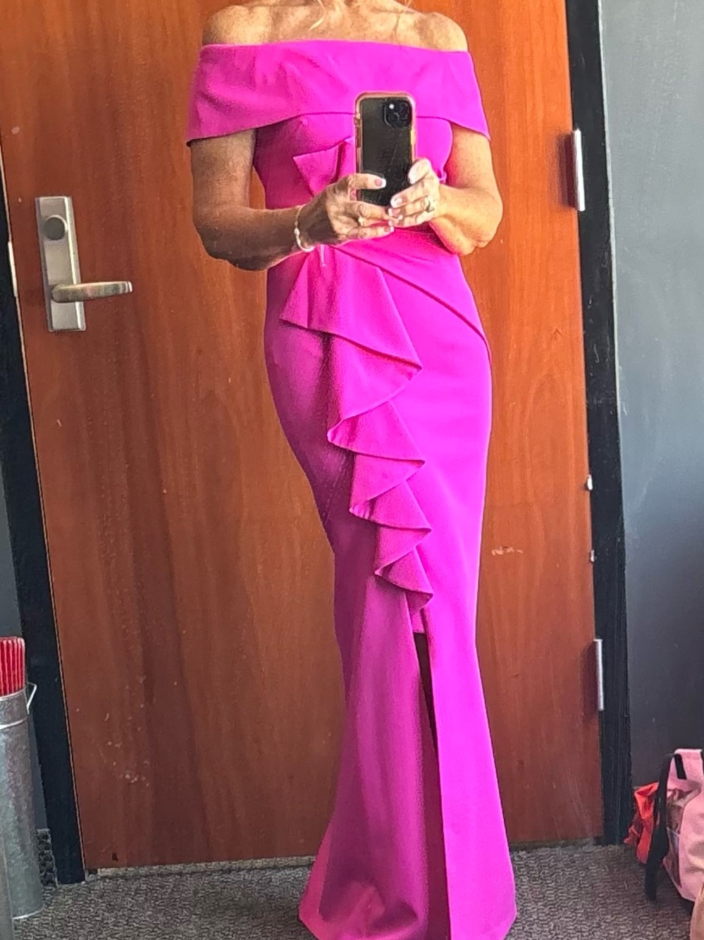 Eliza J Hot Pink One-Shoulder Ruffle Column Gown